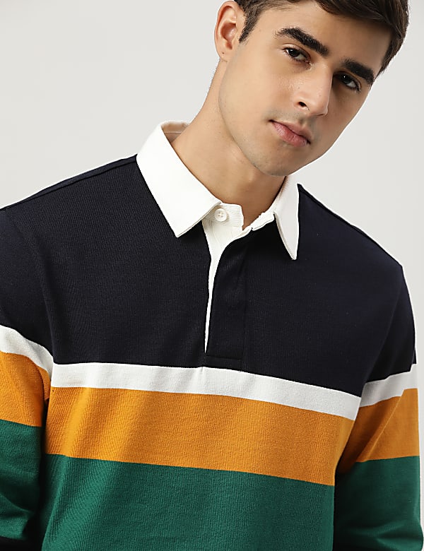 Pure Cotton Colour-Block Polo Neck T-shirt