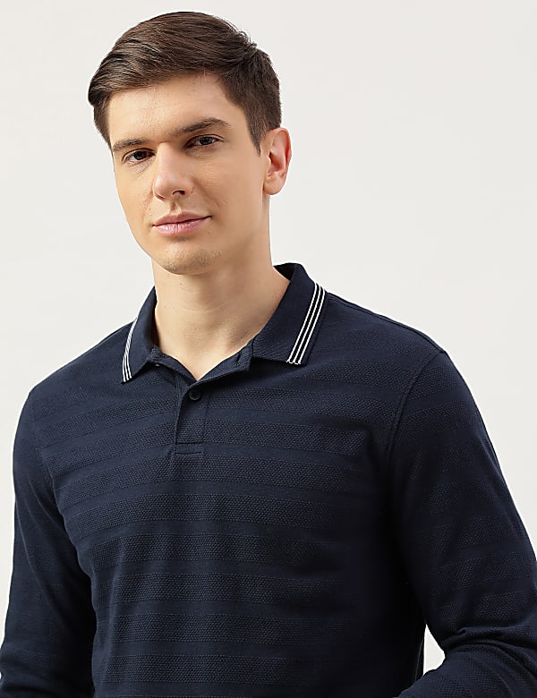 Pure Cotton Striped Full Sleeve Polo Shirt