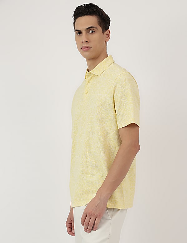 Pure Cotton Leaf Print Polo Neck T-Shirt