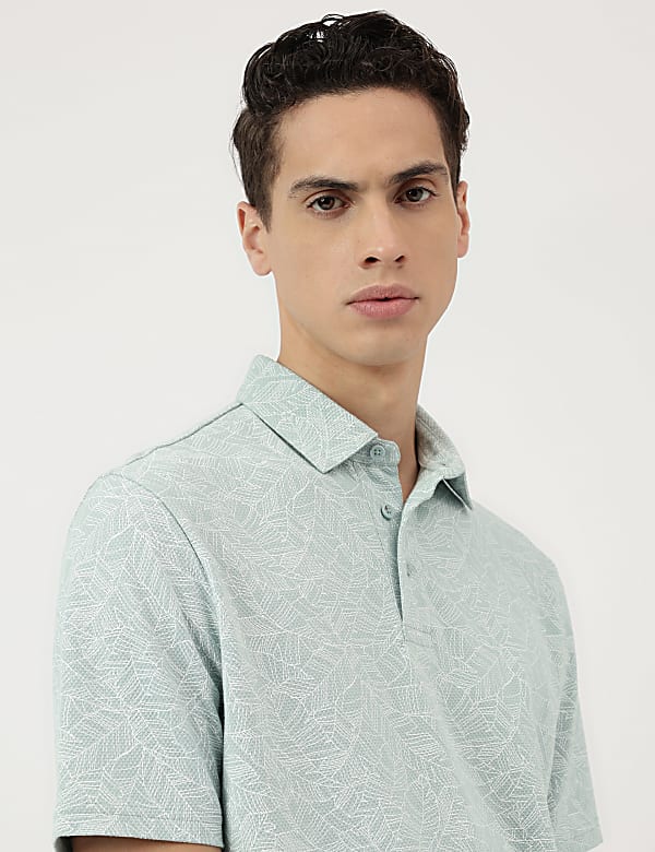 Pure Cotton Leaf Print Polo Neck T-Shirt