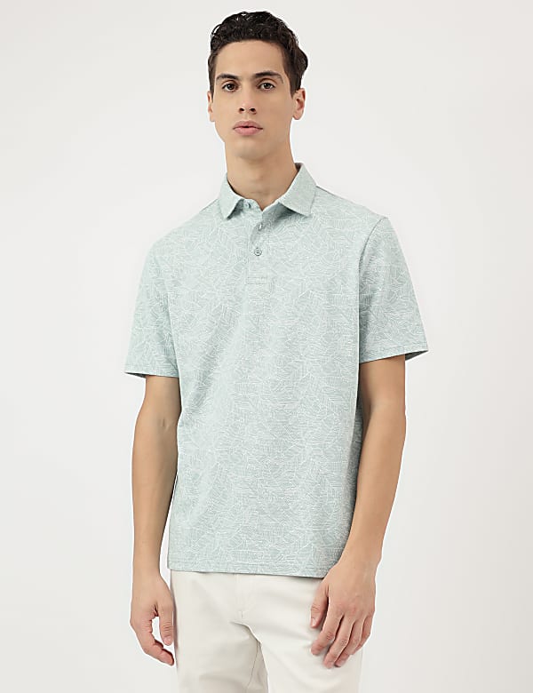 Pure Cotton Leaf Print Polo Neck T-Shirt