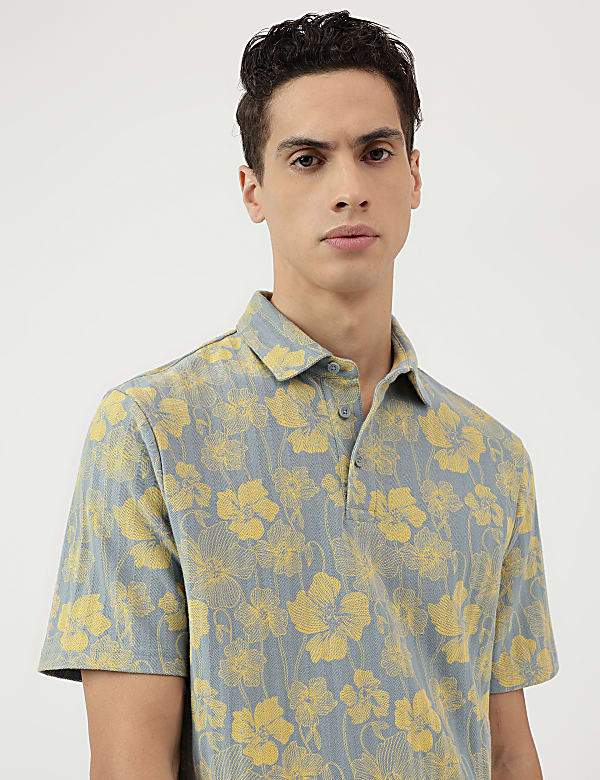Pure Cotton Floral Print Polo Neck T-Shirt