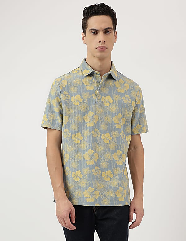 Pure Cotton Floral Print Polo Neck T-Shirt