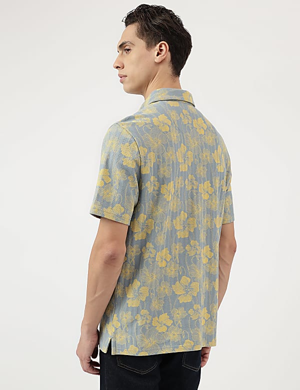 Pure Cotton Floral Print Polo Neck T-Shirt