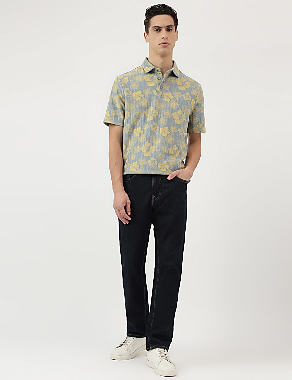 Pure Cotton Floral Print Polo Neck T-Shirt