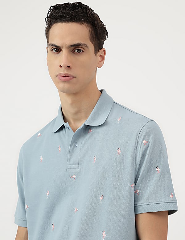 Pure Cotton Embroidered Polo Neck T-Shirt