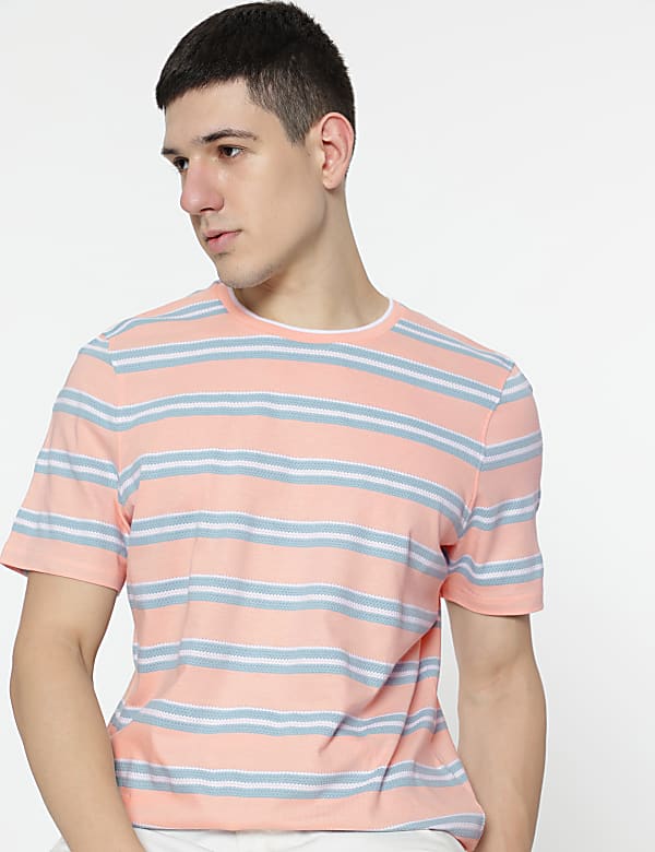 Pure Cotton Stripes Round Neck T-Shirt