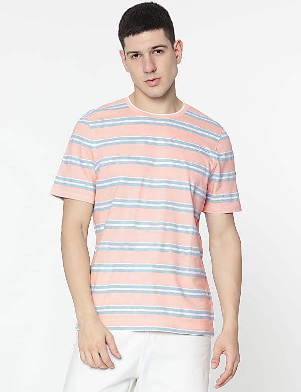 Pure Cotton Stripes Round Neck T-Shirt