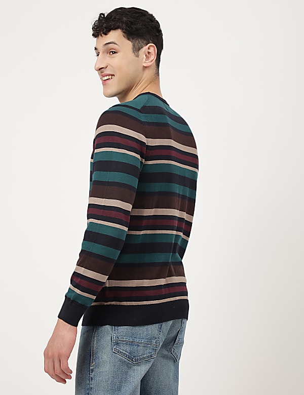 Pure Cotton Stripes Crew Neck Jumpers
