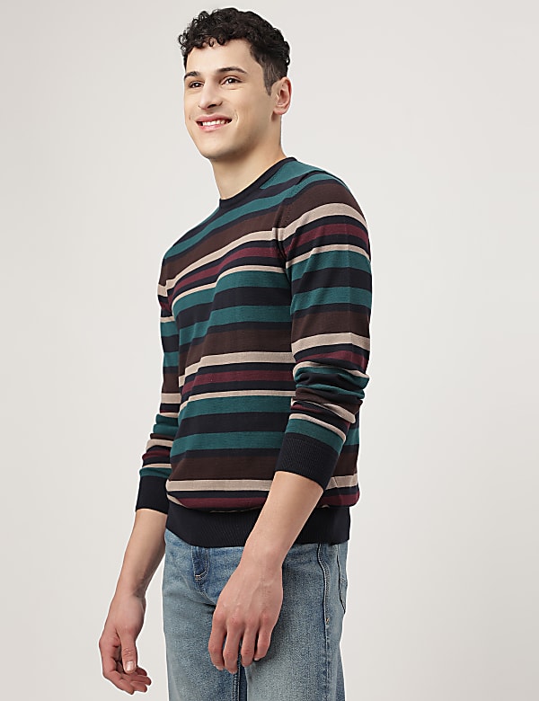 Pure Cotton Stripes Crew Neck Jumpers