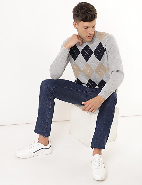 Pure Cotton Argyle Print Crew Neck Jumper