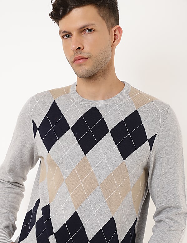 Pure Cotton Argyle Print Crew Neck Jumper