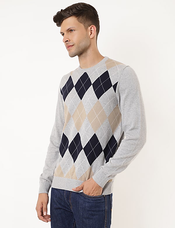 Pure Cotton Argyle Print Crew Neck Jumper