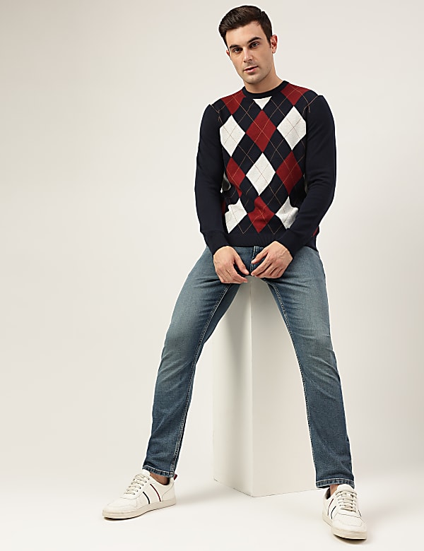 Pure Cotton Argyle Round Neck Jumper