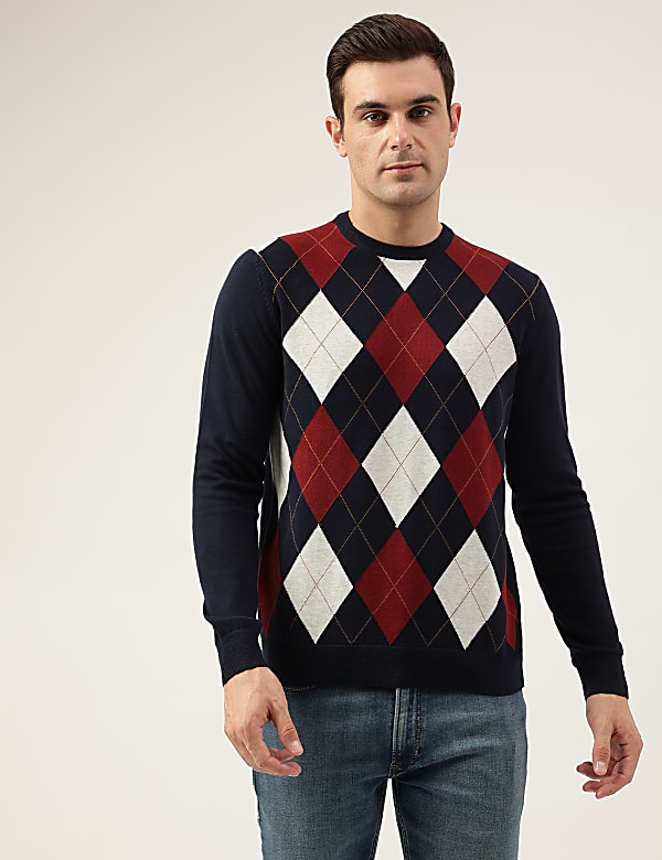 Pure Cotton Argyle Round Neck Jumper