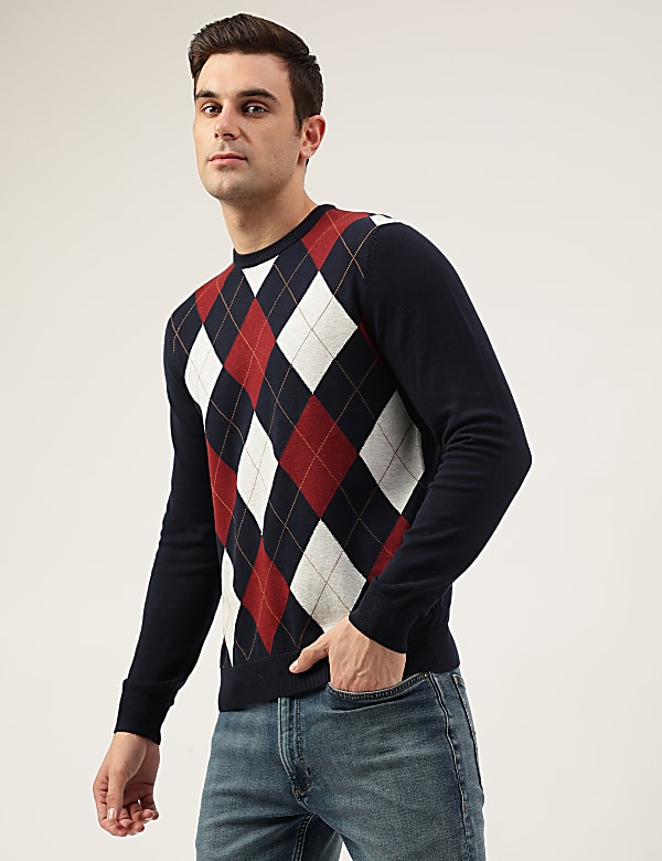 Pure Cotton Argyle Round Neck Jumper