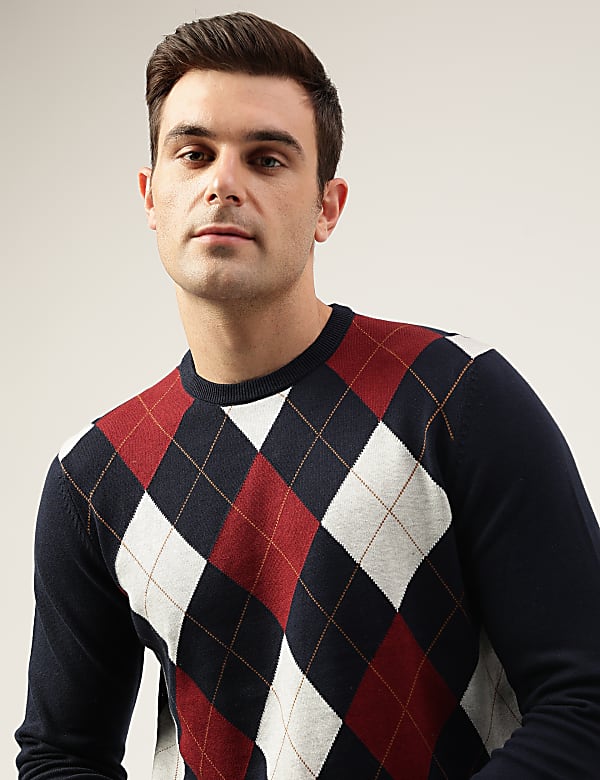 Pure Cotton Argyle Round Neck Jumper