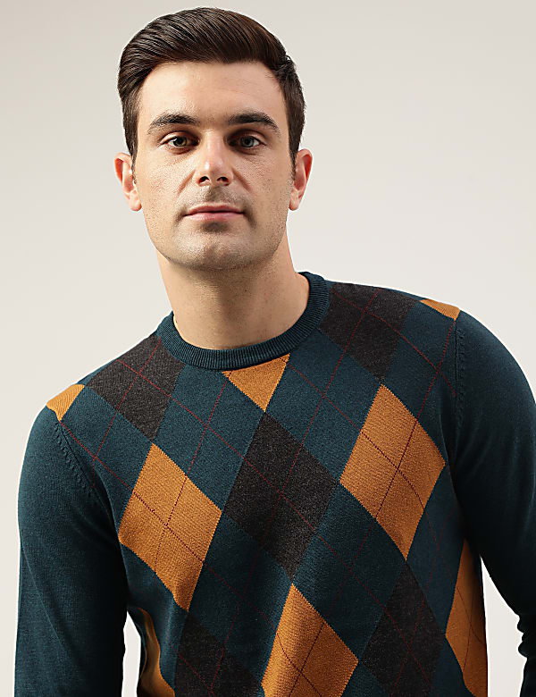 Pure Cotton Argyle Round Neck Jumper