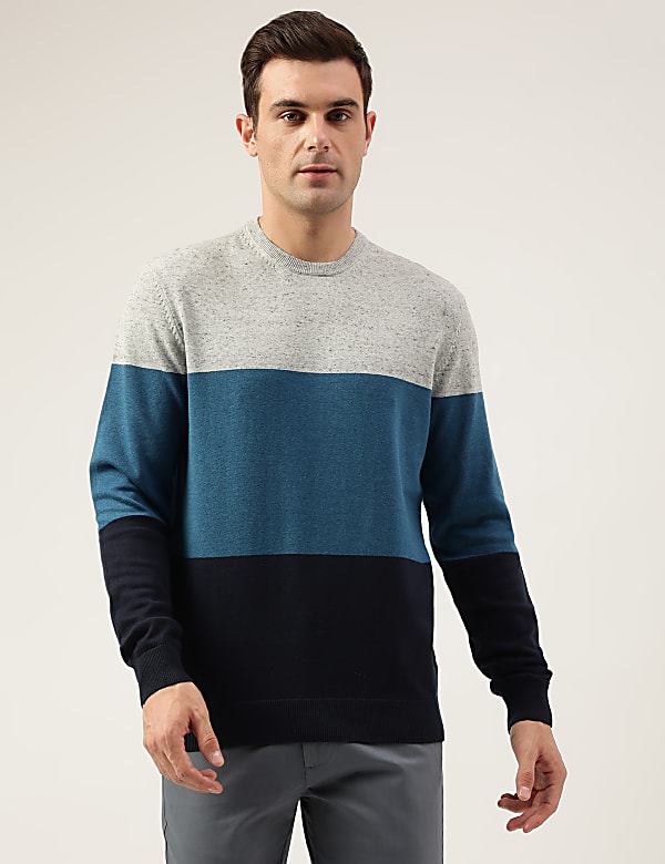 Pure Cotton Colorblocked Round Neck Jumper