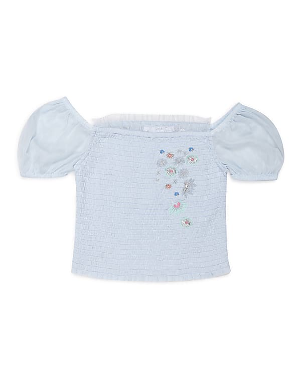 Embroidered Square Neck Tulle Top