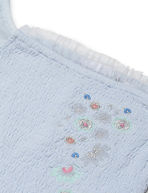 Embroidered Square Neck Tulle Top