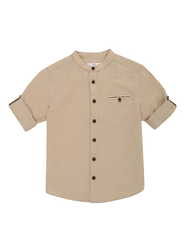 Flax Linen Mix Plain Mandarin Collar Shirt