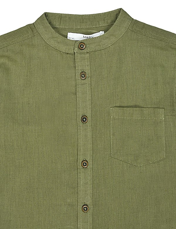 Linen Mix Plain Mandarin Collar Shirt