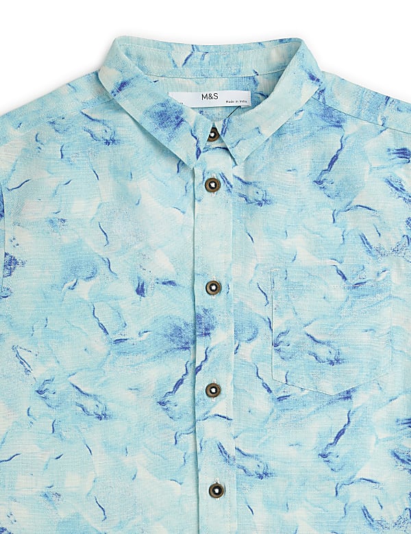 Flax Linen Mix Printed Spread Collar Shirt