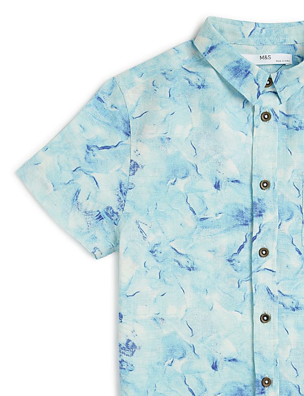 Flax Linen Mix Printed Spread Collar Shirt