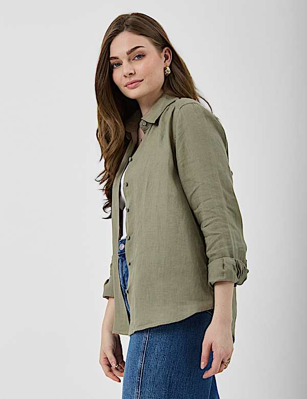 Pure Linen Plain Spread Collar Shirt