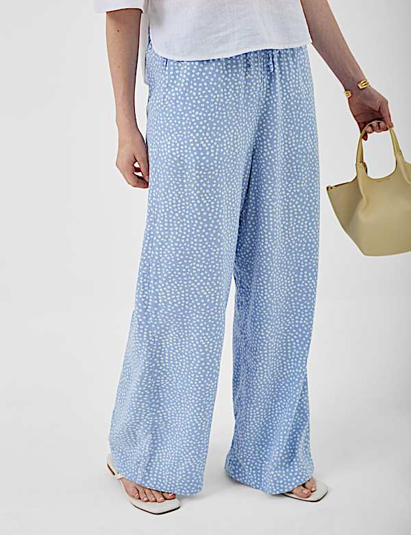 Linen Rich Embroidered Wide Leg Trousers