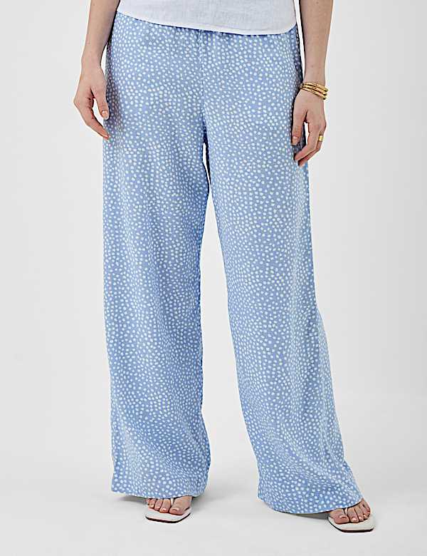 Linen Rich Embroidered Wide Leg Trousers