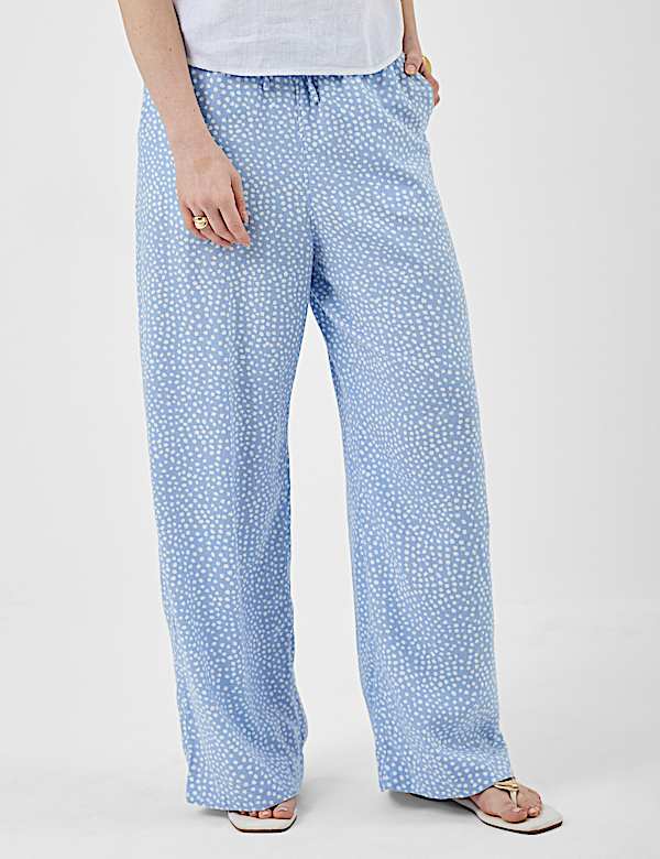 Linen Rich Embroidered Wide Leg Trousers