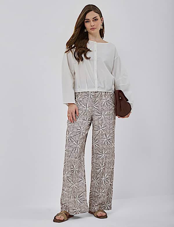 Linen Rich Embroidered Wide Leg Trousers