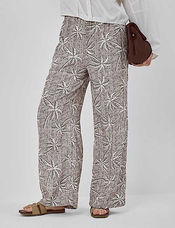 Linen Rich Embroidered Wide Leg Trousers