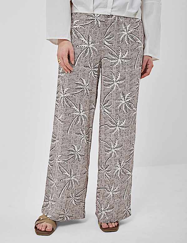 Linen Rich Embroidered Wide Leg Trousers