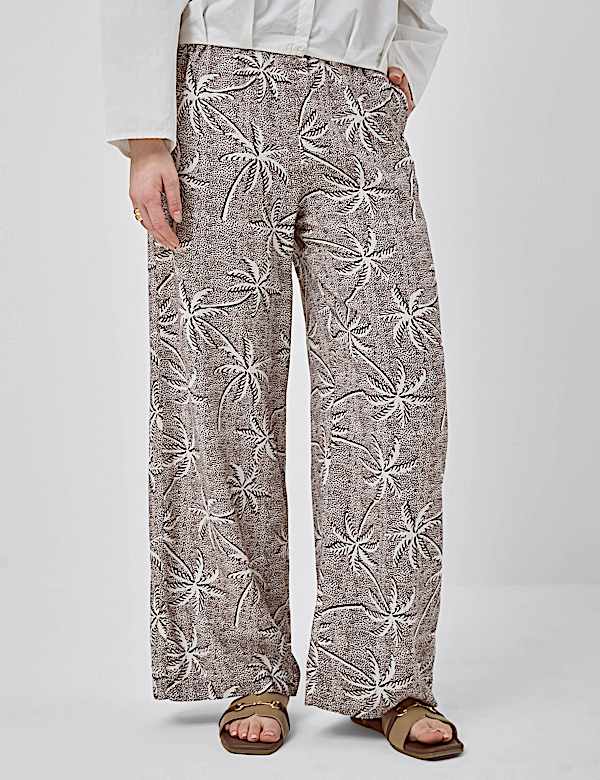 Linen Rich Embroidered Wide Leg Trousers