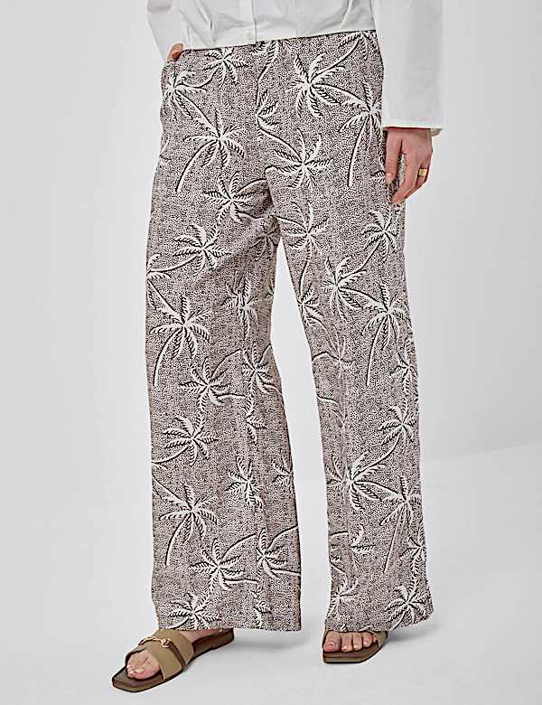Linen Rich Embroidered Wide Leg Trousers