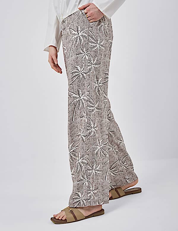 Linen Rich Embroidered Wide Leg Trousers