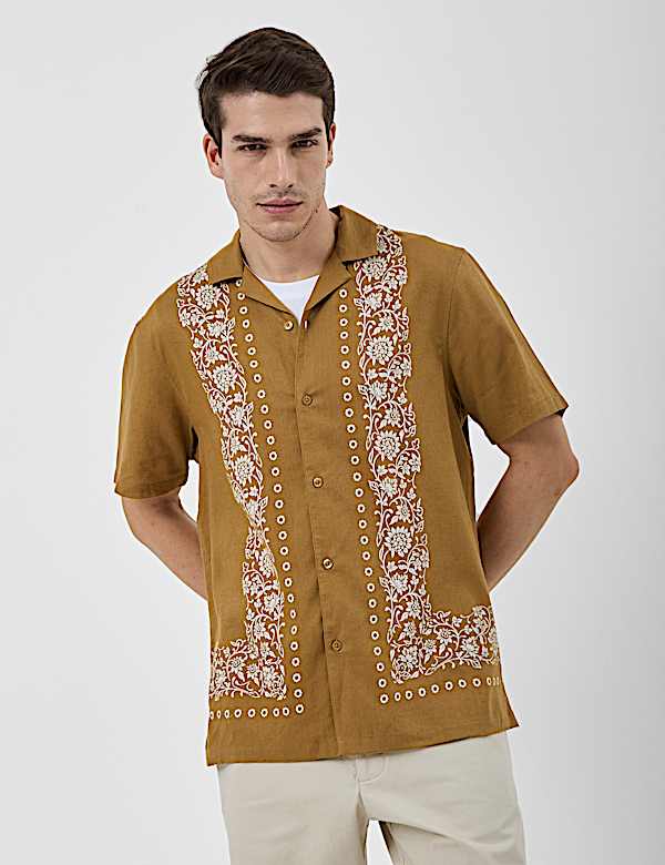 REVERE COLLAR SS BORDER PRINT SHIRT