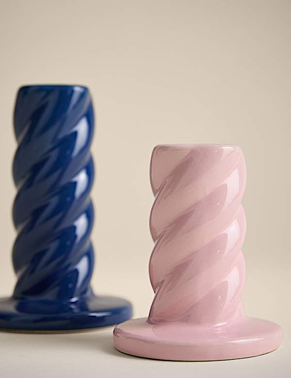 Set of 2 Twist Ceramic Candle Holders - DK