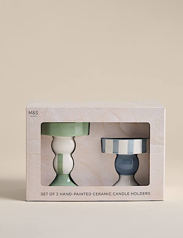 Set of 2 Striped Ceramic Candle Holders - HU