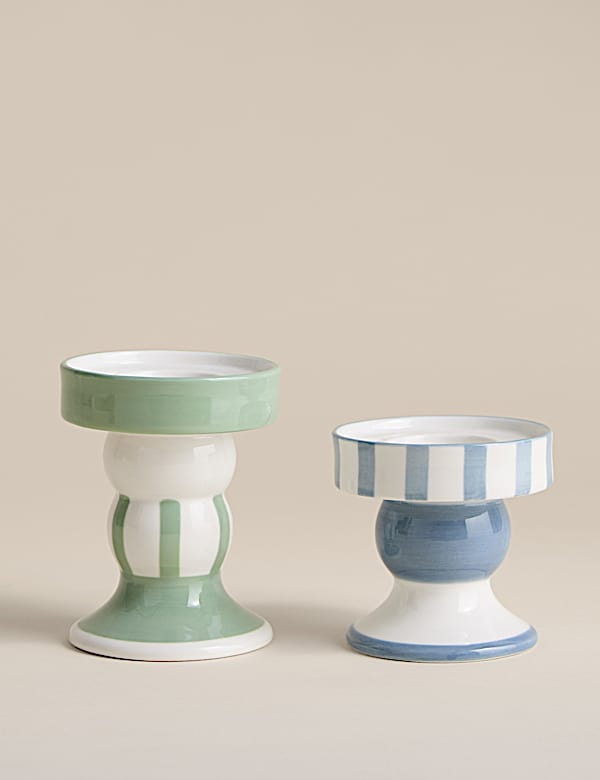 Set of 2 Striped Ceramic Candle Holders - HU
