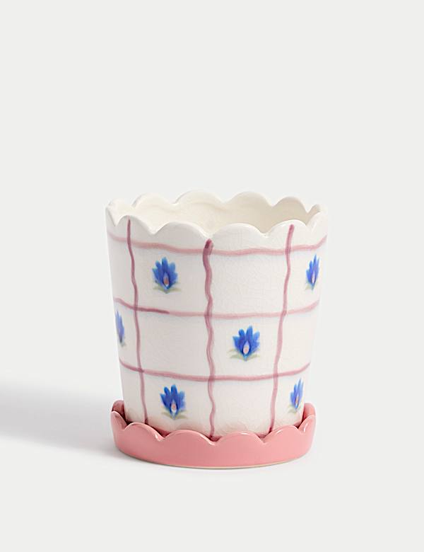 Check & Floral Ceramic Planter with Tray - HK