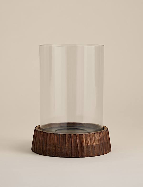 Ridged Wooden Base Hurricane Candle Holder - NL