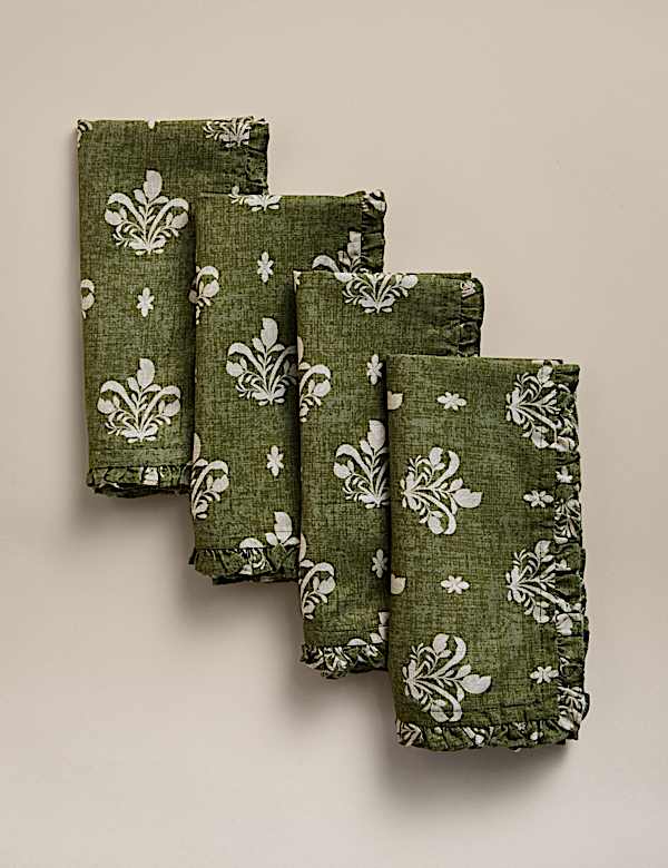 Set of 4 Cotton with Linen Block Print Napkins - HU