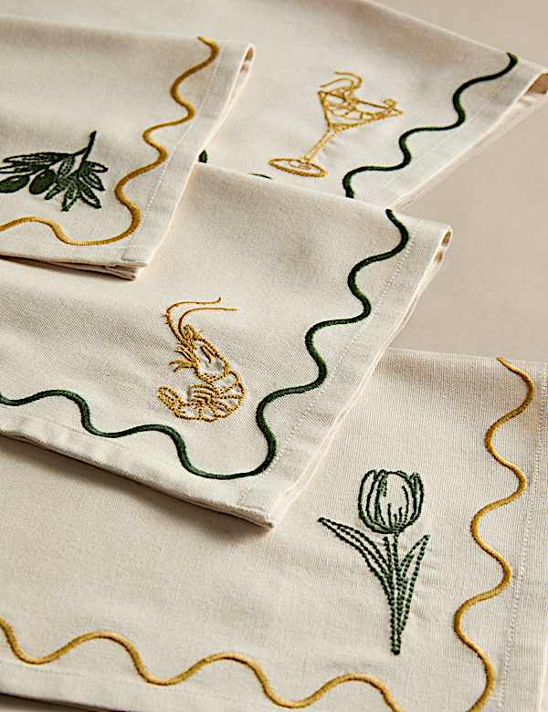 Set of 4 Pure Cotton Bistro Embroidered Napkins - AT