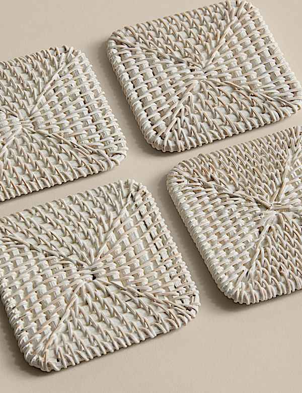 Set of 4 Rattan Washed Coasters with Holder - HR