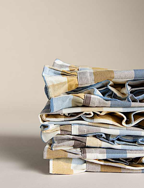 סט 4 מפיות מכותנה בשילוב פשתן עם משבצות ומלמלה - IL