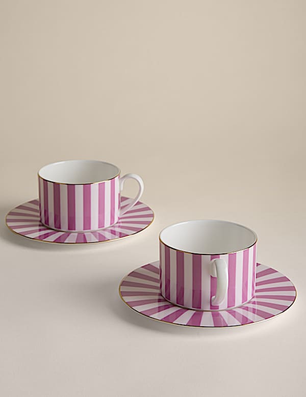 2 Pack Bone China Striped Cups & Saucers - LU